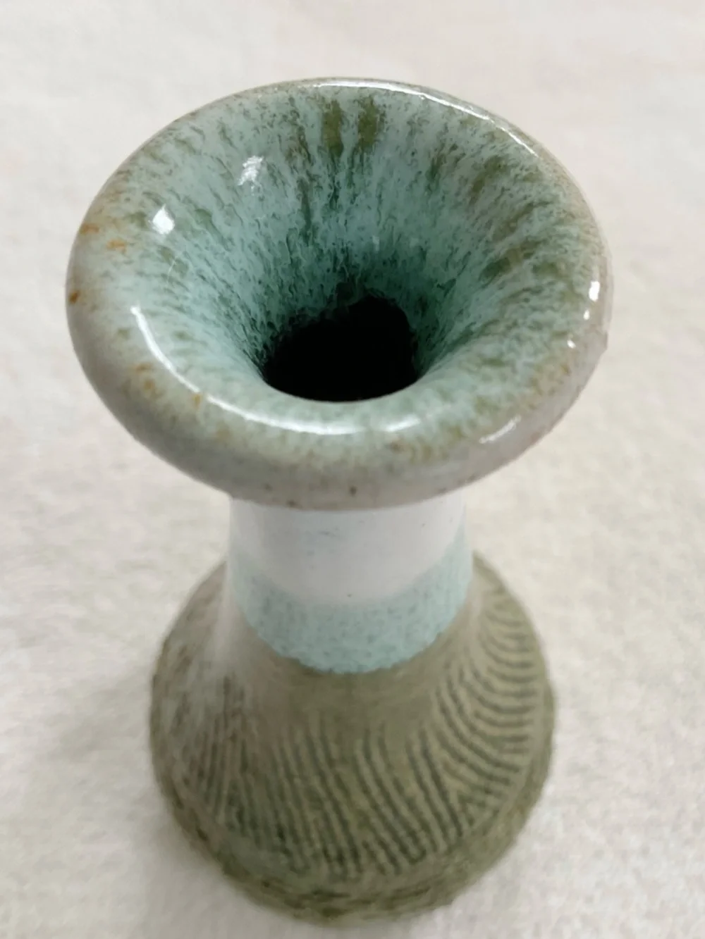 Signed Studio Pottery Bud Vase Green Drip Glaze Textured Art Pottery 4.5”